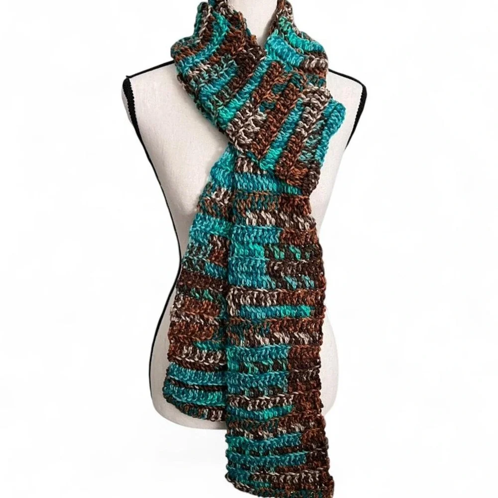 Handmade Women's Crochet Scarf Brown and Teal New Acrylic Warm Cozy Winter